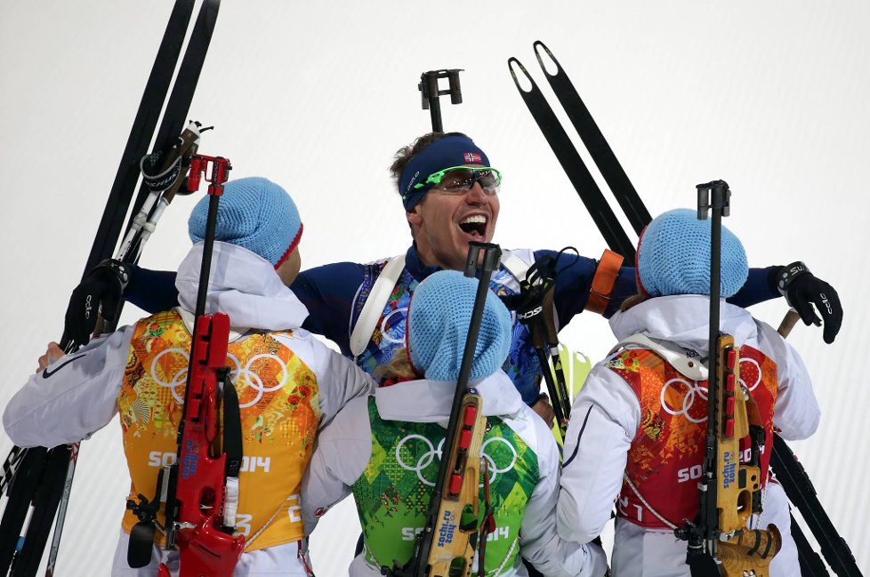 Tora Berger Tiril Eckhoff Ole Einar Bjoerndalen Emil Hegle Svendsen Olympisch Kampioen Sotsji 2014 Biathlon 2x6 km 2x7.5 km Gemengde Estafette Mix